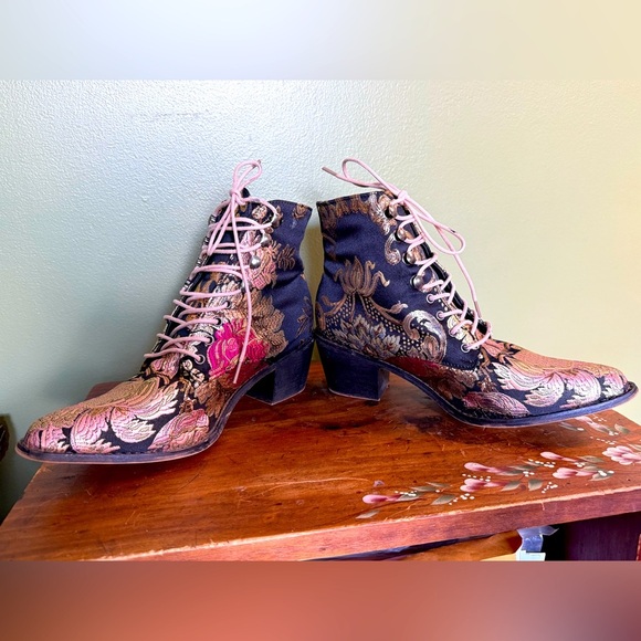 Unbranded Metallic Embroidered Retro Floral Lace Up Boho Ankle Boots Sz 40 - Picture 9 of 9